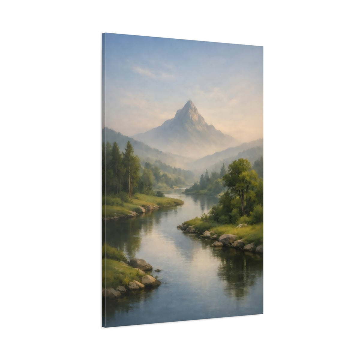 Main Mockup. Nature Mountain, River Misty Mountain River shown as stretched canvas wall art
