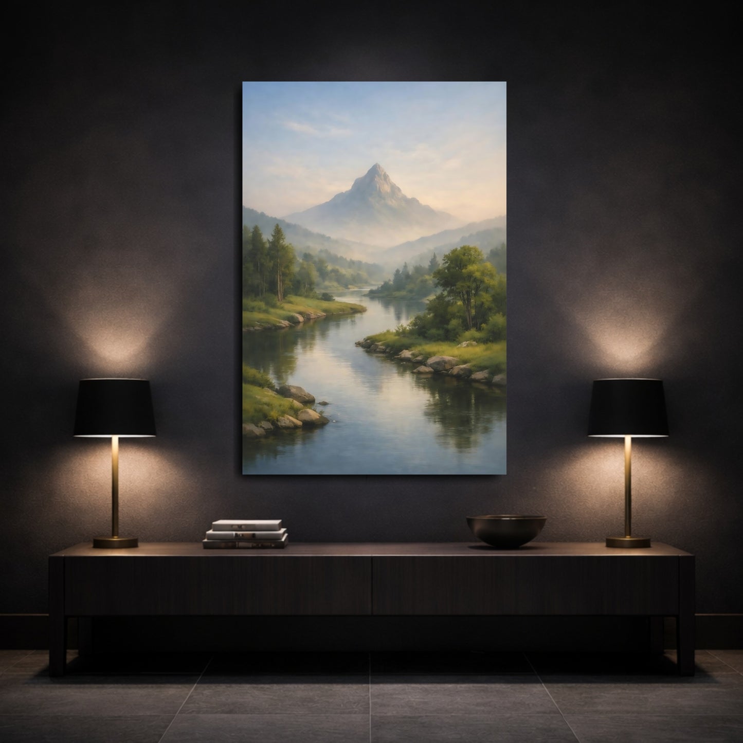Mockup 2. Nature Mountain, River Misty Mountain River shown as stretched canvas wall art