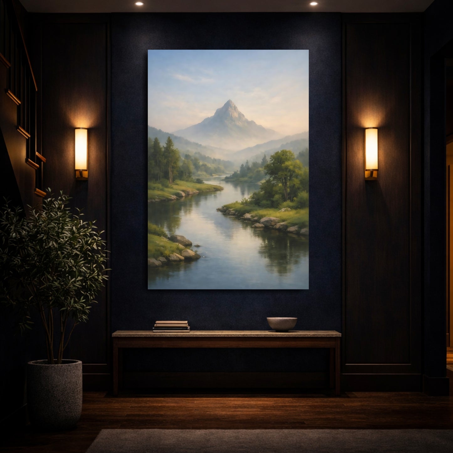 Mockup 3. Nature Mountain, River Misty Mountain River shown as stretched canvas wall art