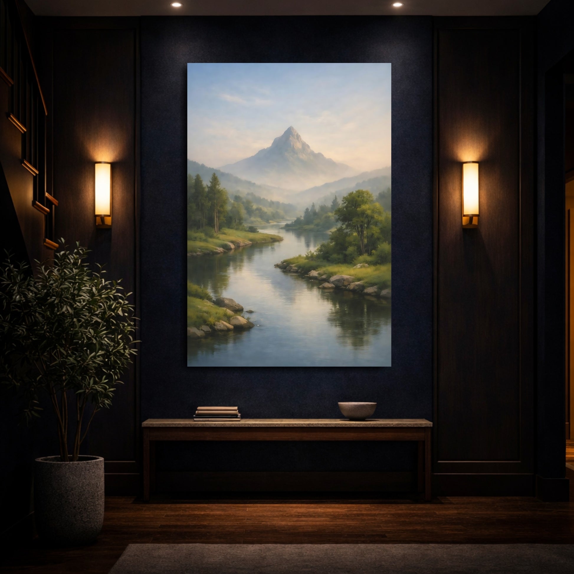 Mockup 3. Nature Mountain, River Misty Mountain River shown as stretched canvas wall art