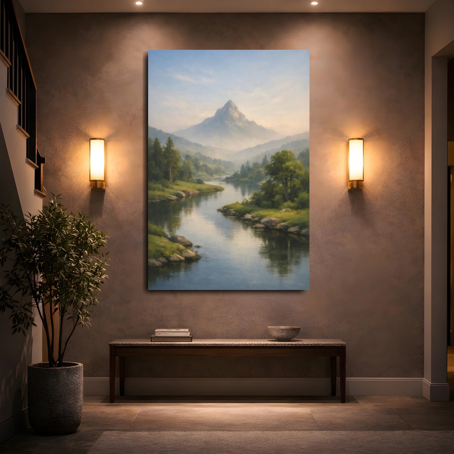 Mockup 4. Nature Mountain, River Misty Mountain River shown as stretched canvas wall art