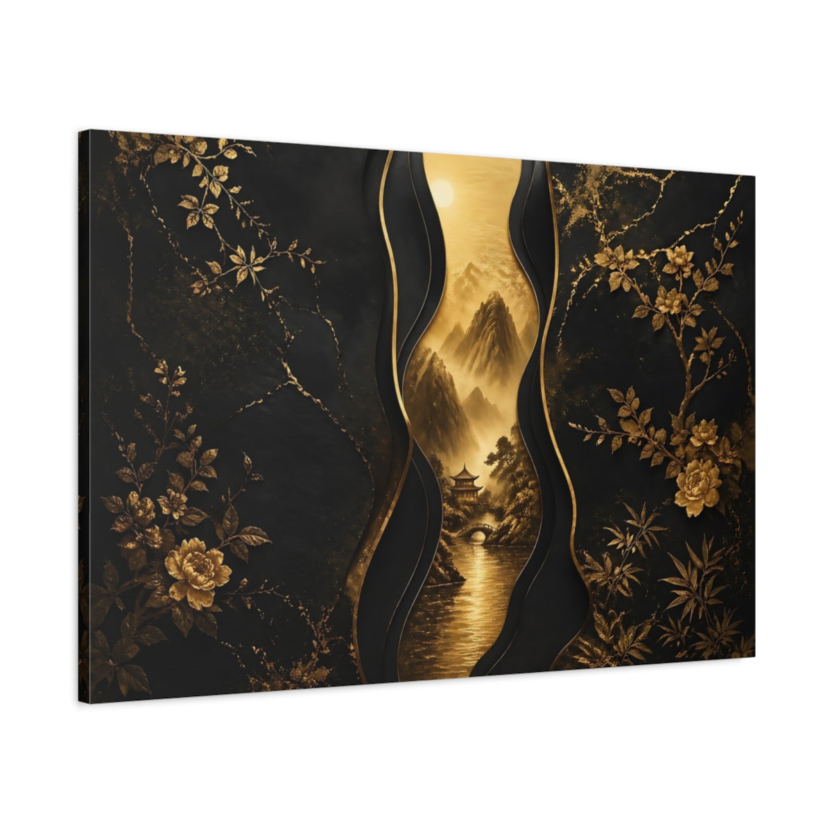 Main Mockup. Nature Mountains Black And Gold shown as stretched canvas wall art