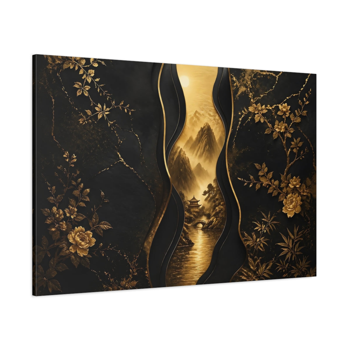 Side Mockup 1. Nature Mountains Black And Gold shown as stretched canvas wall art