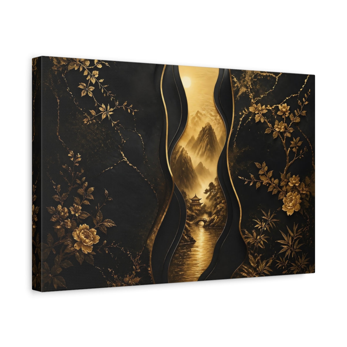 Side Mockup 4. Nature Mountains Black And Gold shown as stretched canvas wall art