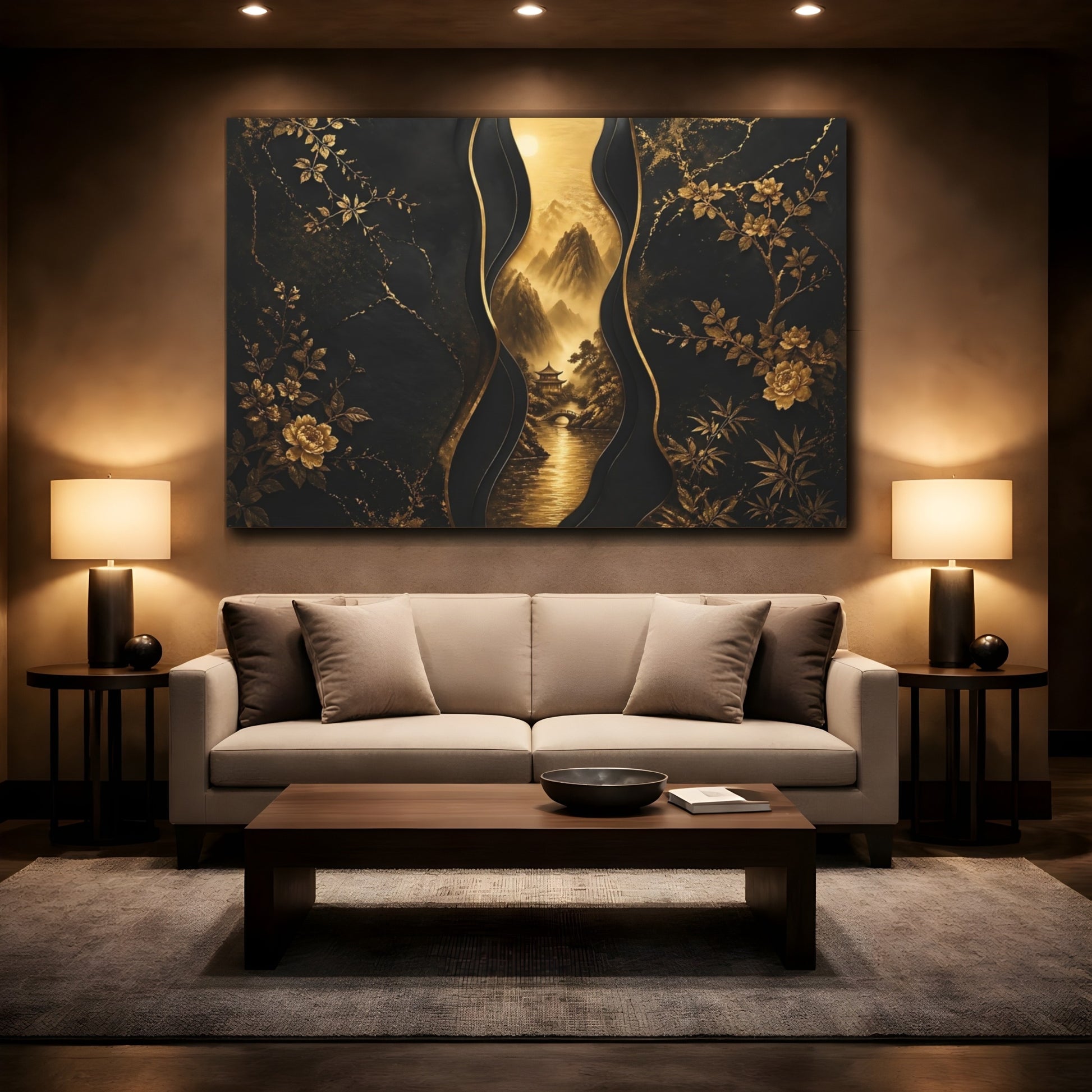 Mockup 2. Nature Mountains Black And Gold shown as stretched canvas wall art