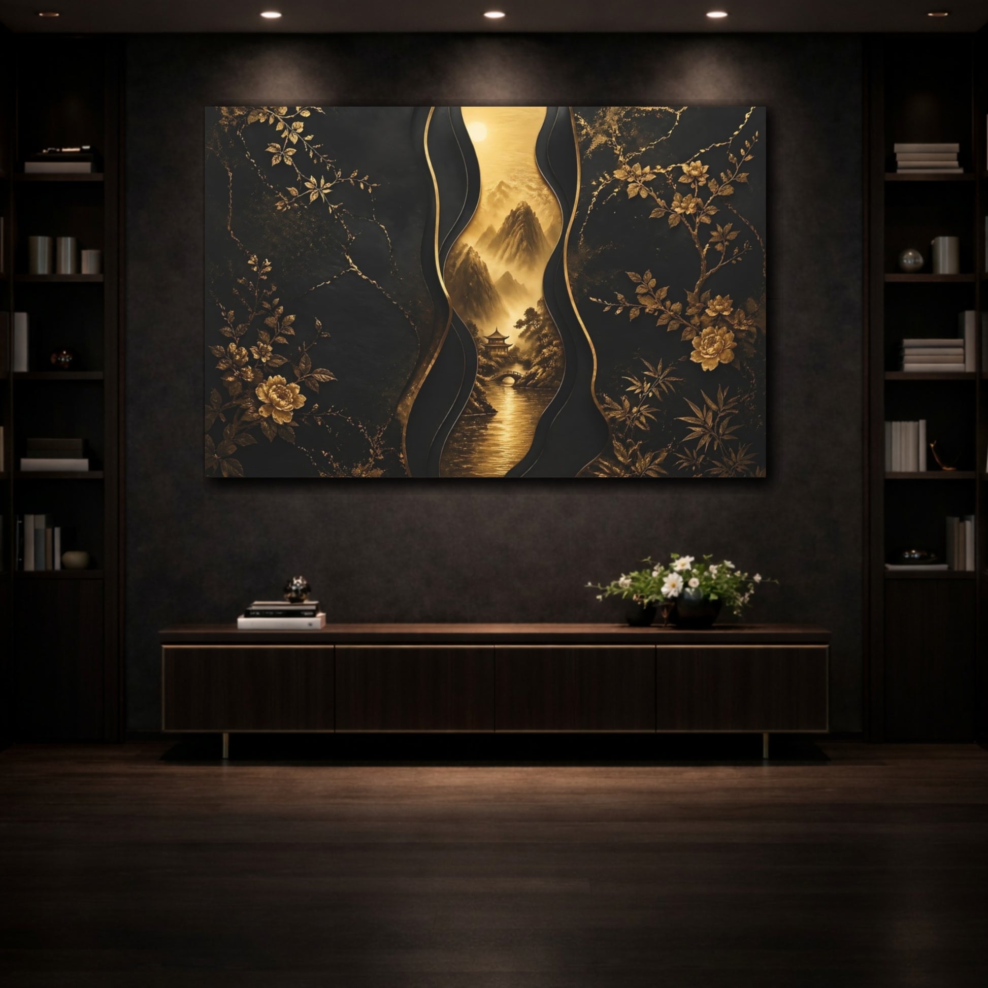 Mockup 3. Nature Mountains Black And Gold shown as stretched canvas wall art