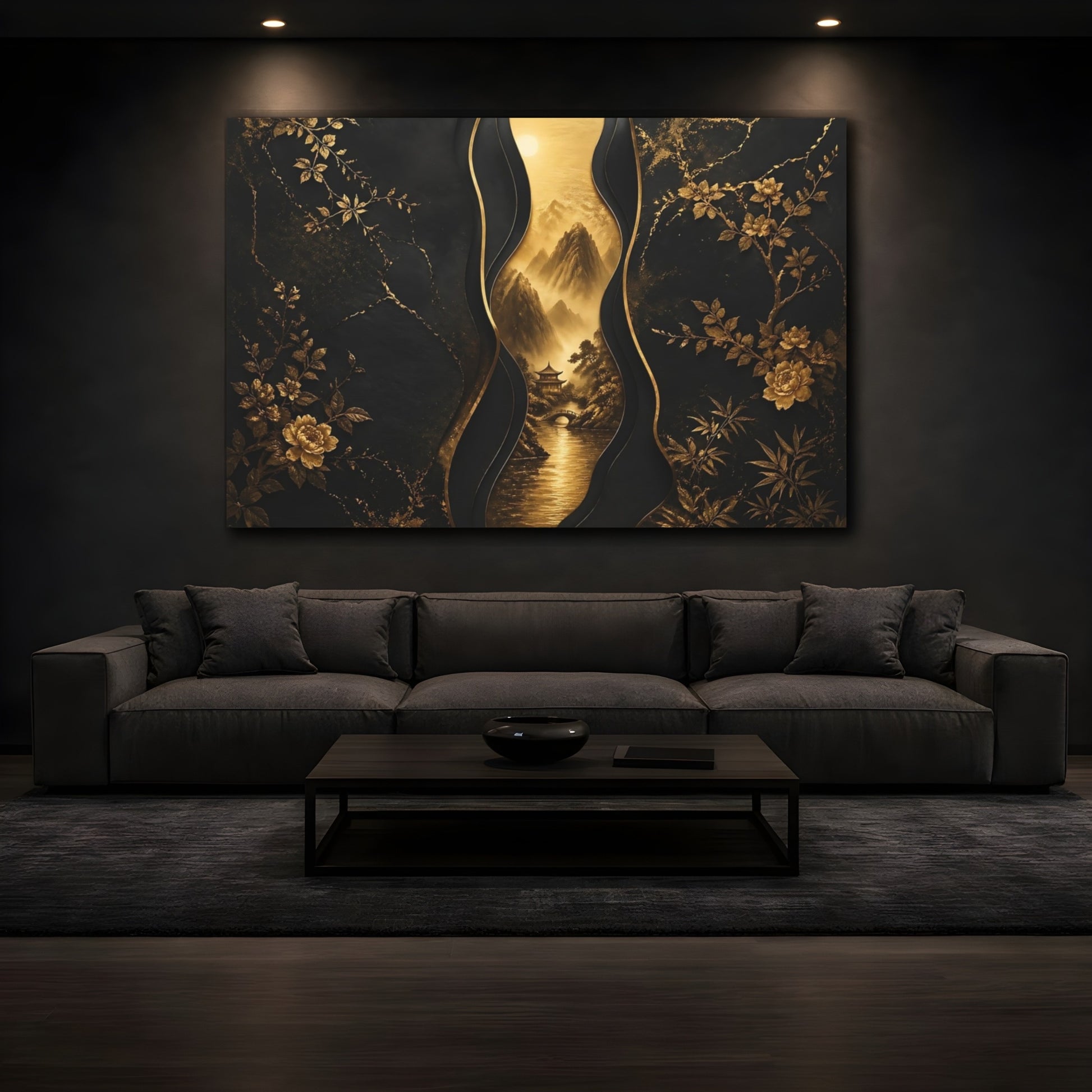 Mockup 4. Nature Mountains Black And Gold shown as stretched canvas wall art