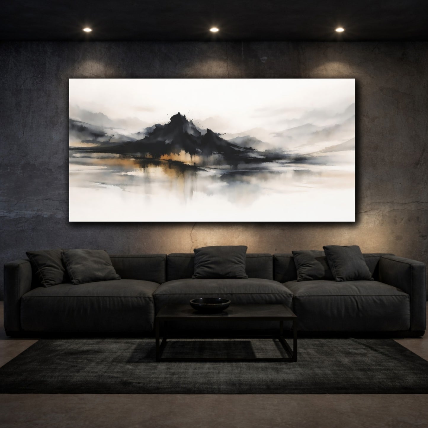 Mockup 2. Nature Mountains Black Gold Landscape shown as stretched canvas wall art