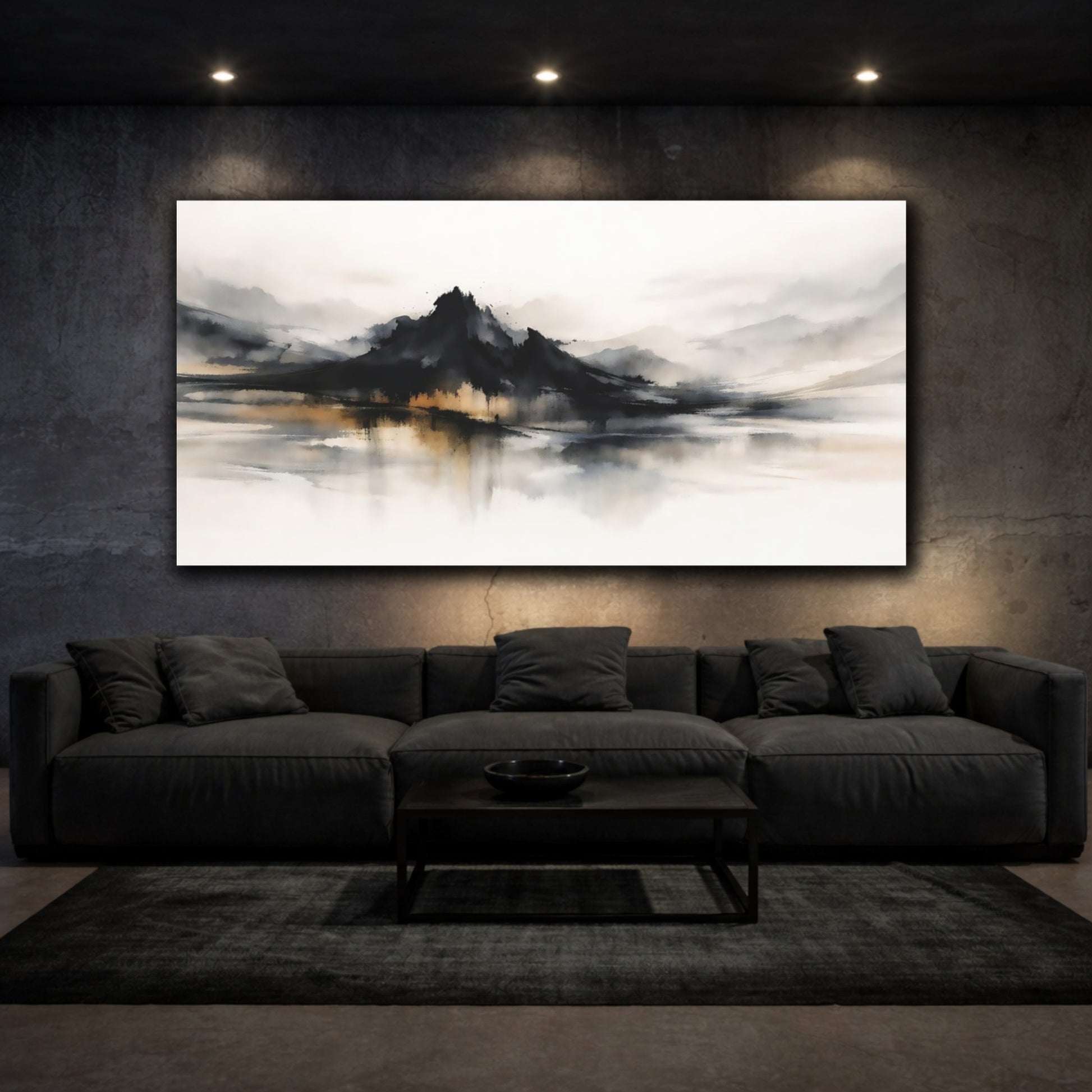 Mockup 2. Nature Mountains Black Gold Landscape shown as stretched canvas wall art