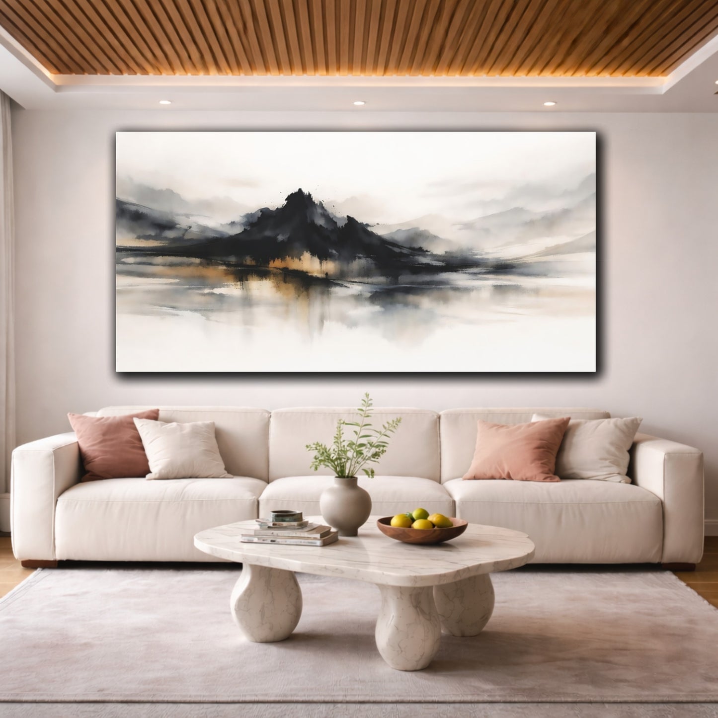 Mockup 3. Nature Mountains Black Gold Landscape shown as stretched canvas wall art