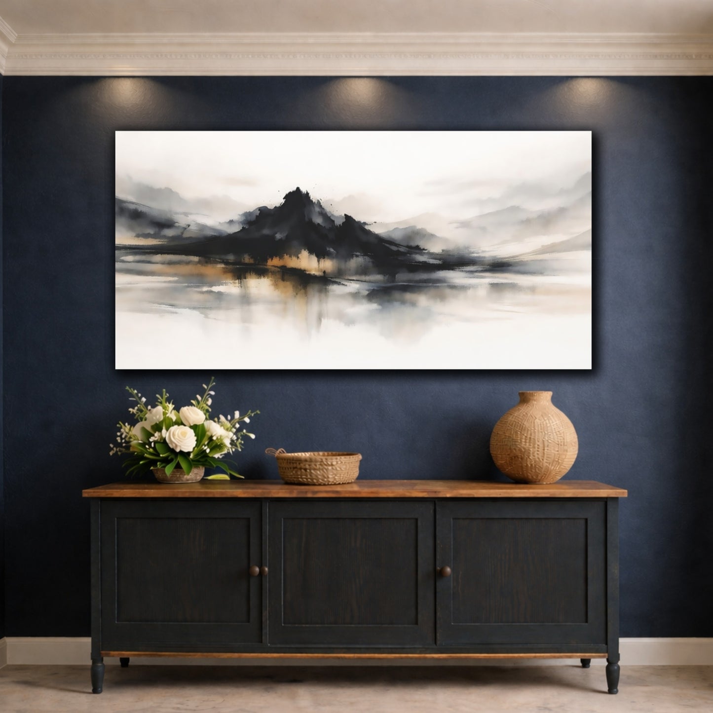 Mockup 4. Nature Mountains Black Gold Landscape shown as stretched canvas wall art