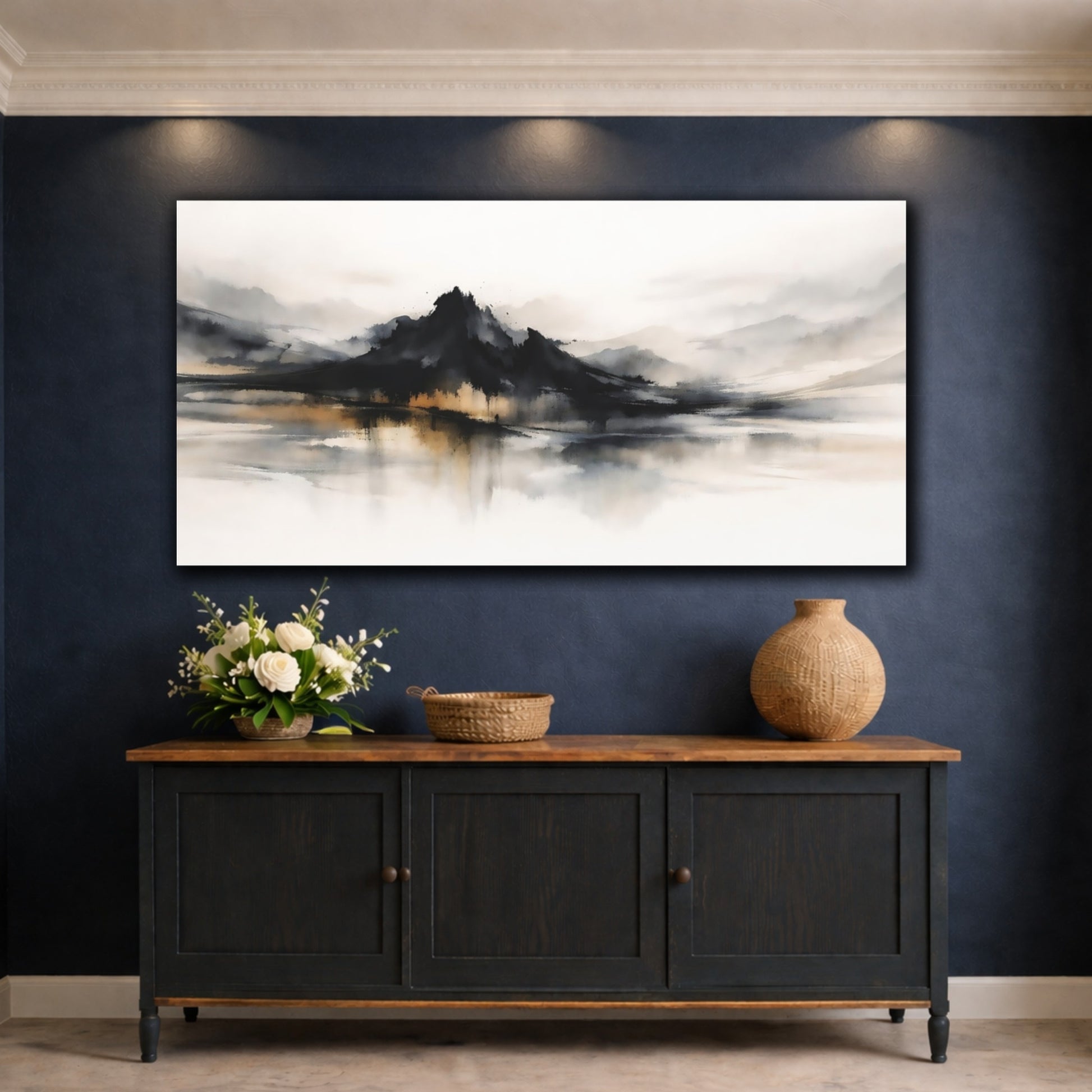 Mockup 4. Nature Mountains Black Gold Landscape shown as stretched canvas wall art