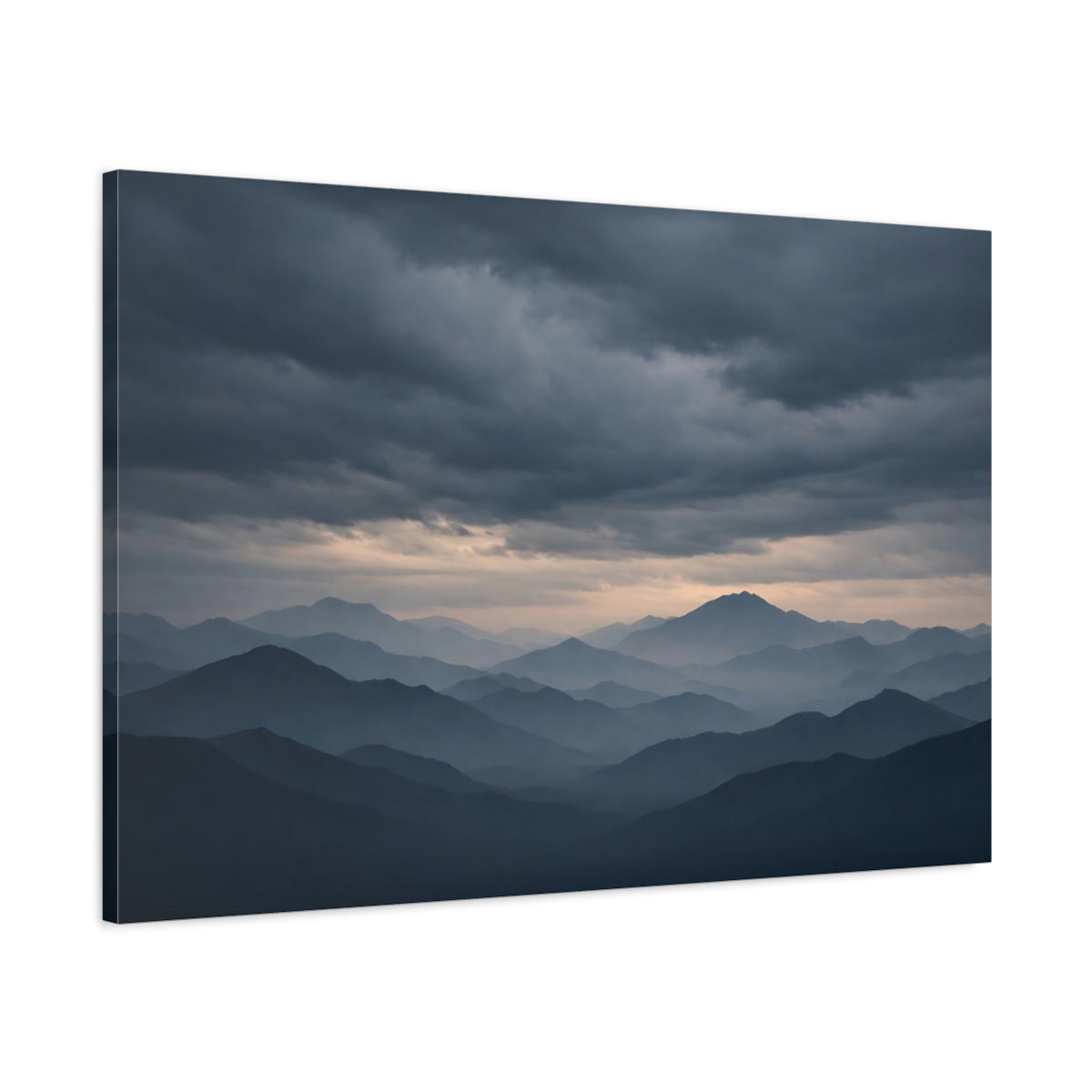 Main Mockup. Nature Mountains Blue And Grey shown as stretched canvas wall art