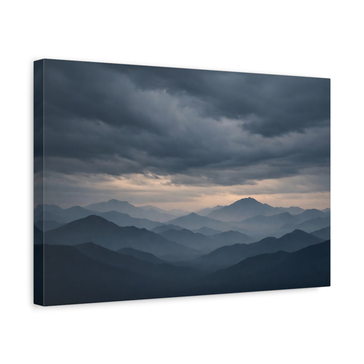 Side Mockup 4. Nature Mountains Blue And Grey shown as stretched canvas wall art