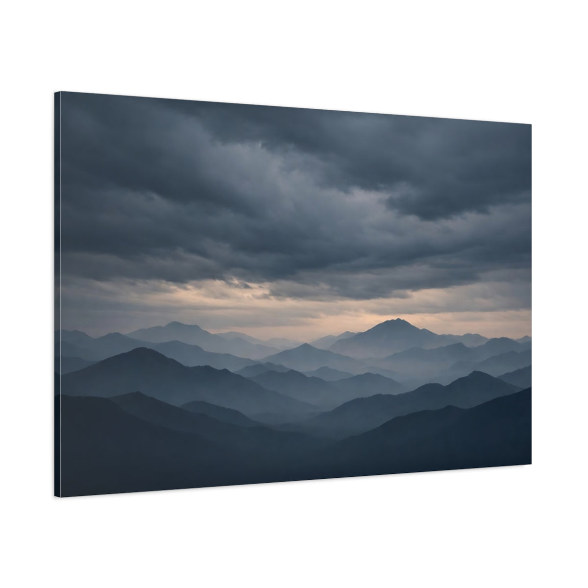 Side Mockup 1. Nature Mountains Blue And Grey shown as stretched canvas wall art