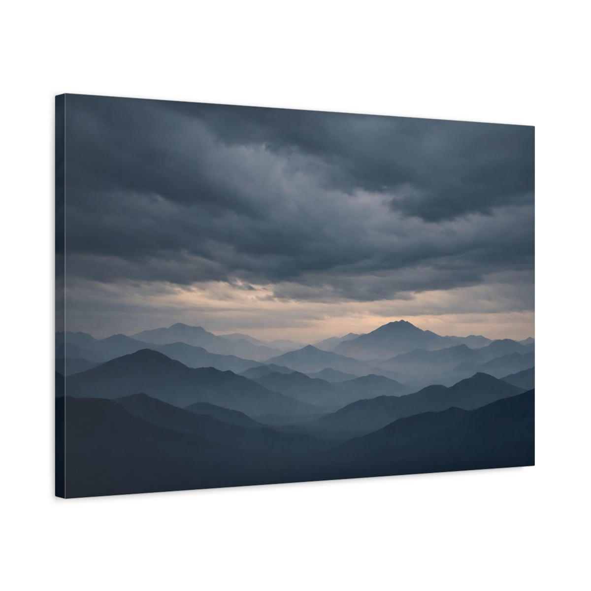 Side Mockup 2. Nature Mountains Blue And Grey shown as stretched canvas wall art