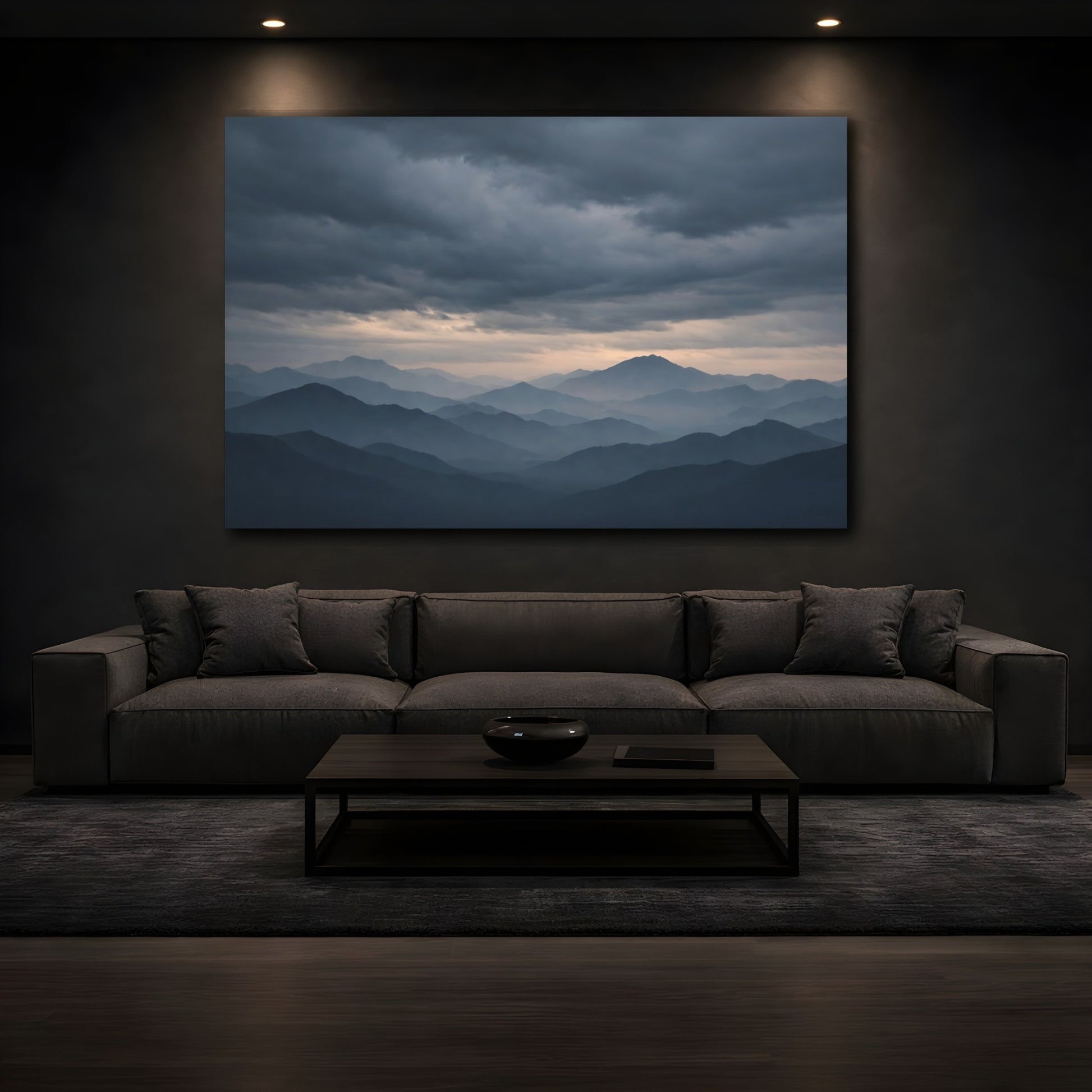 Mockup 2. Nature Mountains Blue And Grey shown as stretched canvas wall art