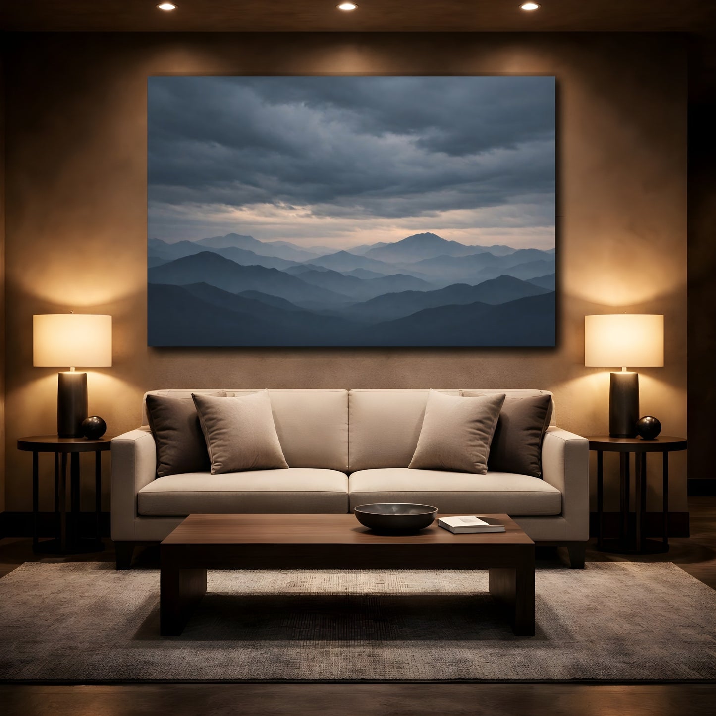 Mockup 3. Nature Mountains Blue And Grey shown as stretched canvas wall art