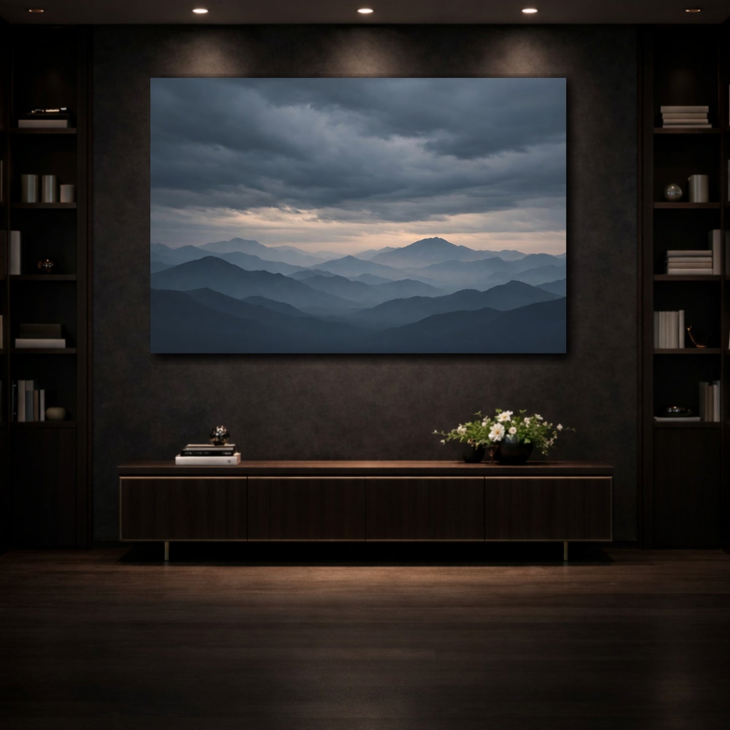 Mockup 4. Nature Mountains Blue And Grey shown as stretched canvas wall art