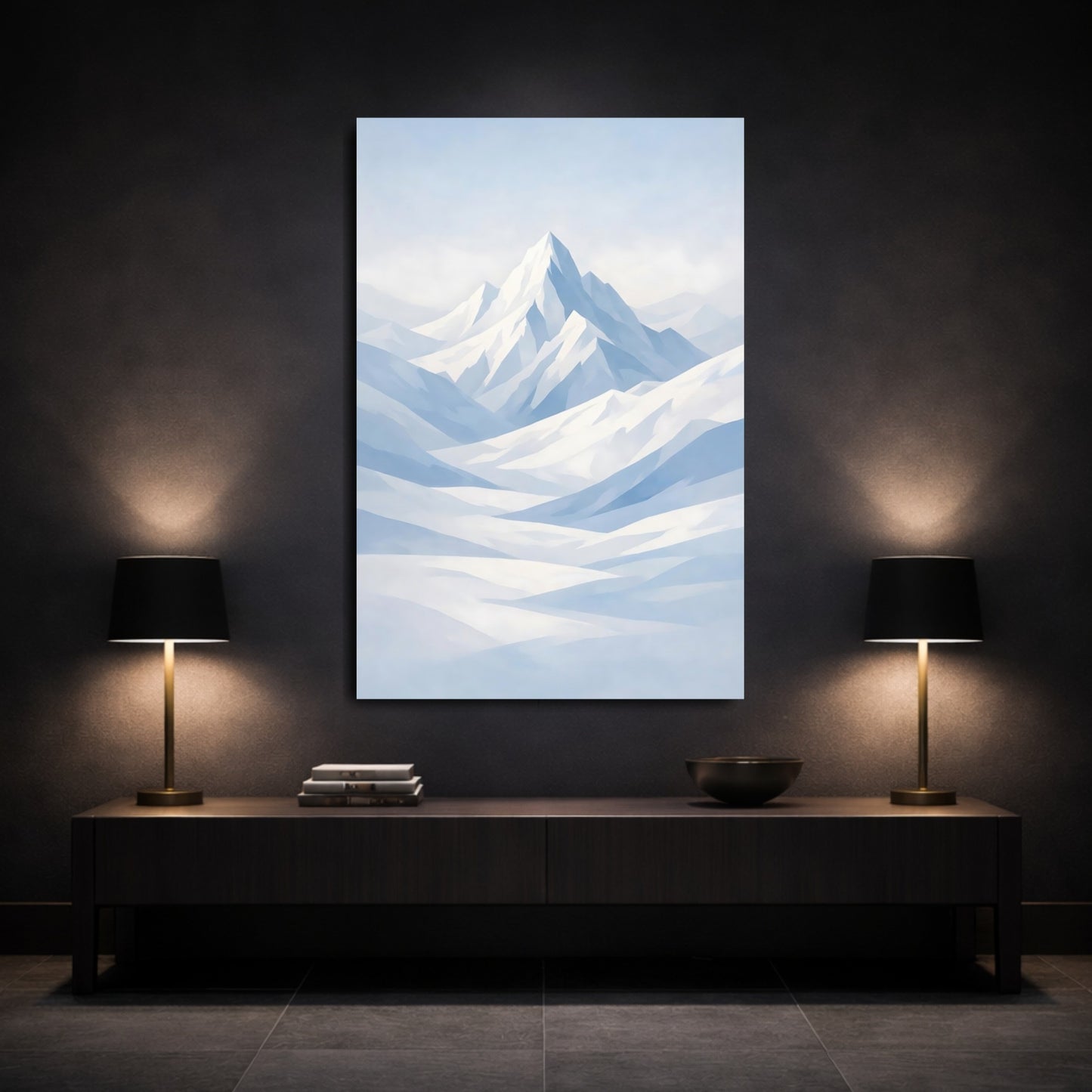 Nature Mountains Blue And White Mountains shown as front canvas room wall art
