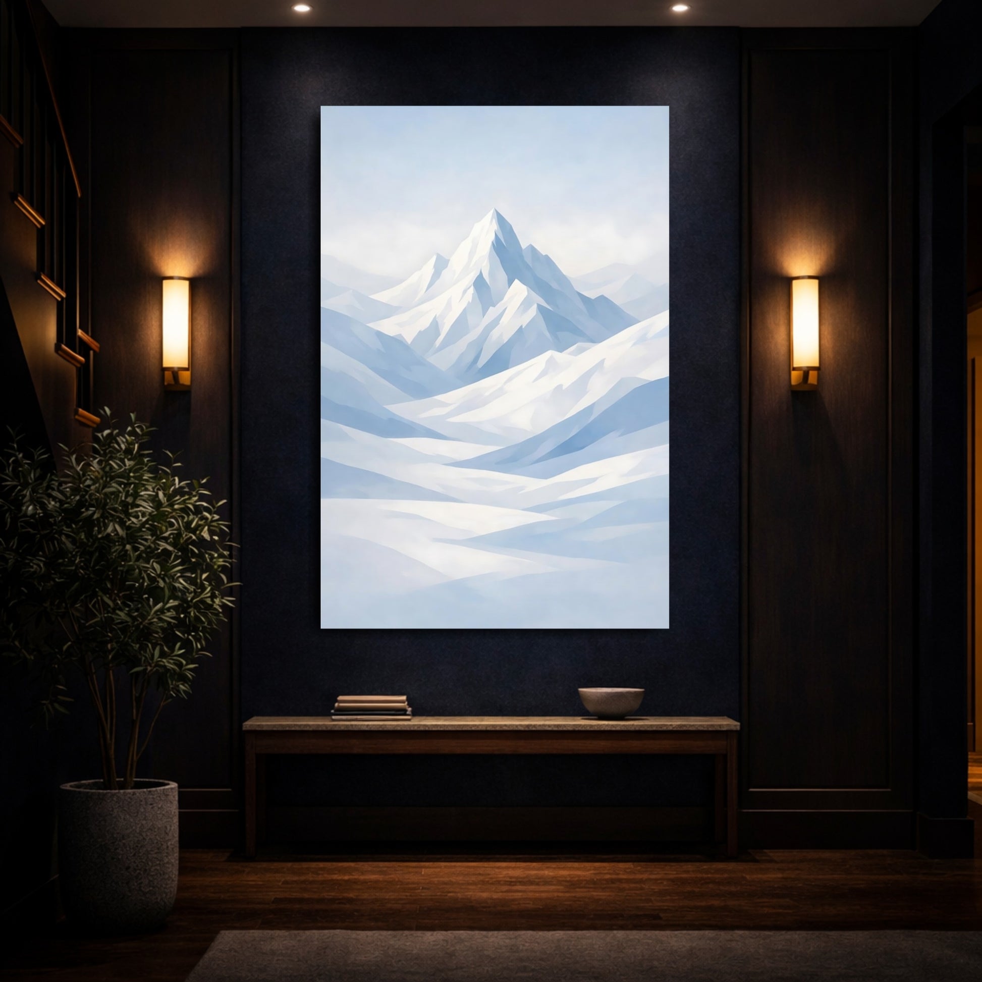 Nature Mountains Blue And White Mountains shown as front canvas room wall art