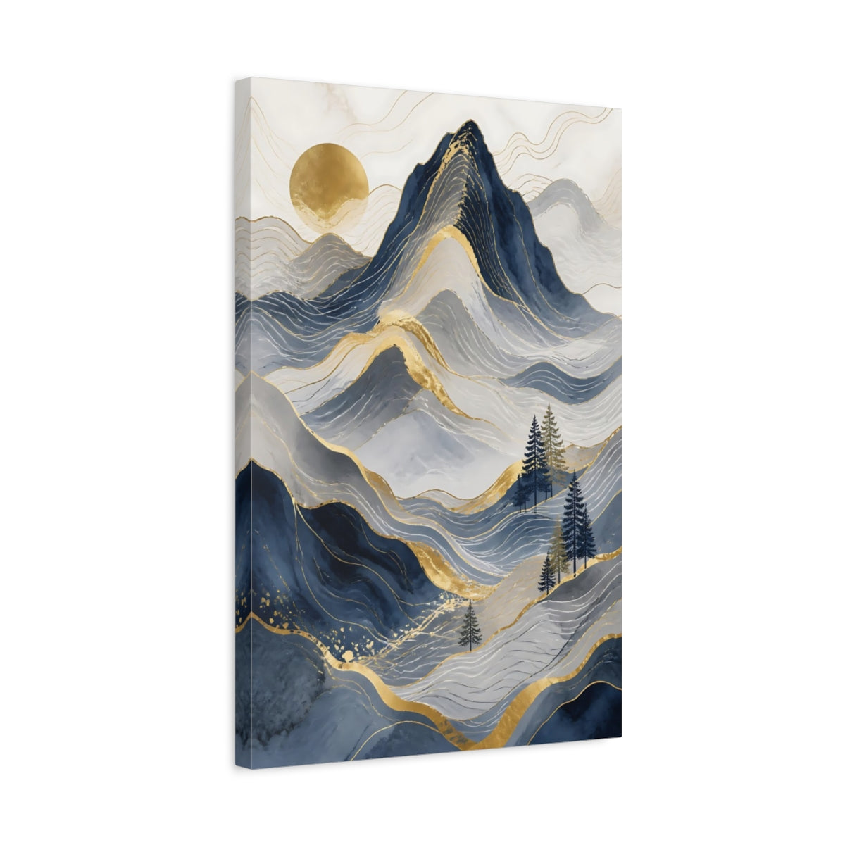Side Mockup 3. Nature Mountains Blue Gold Mountains shown as stretched canvas wall art