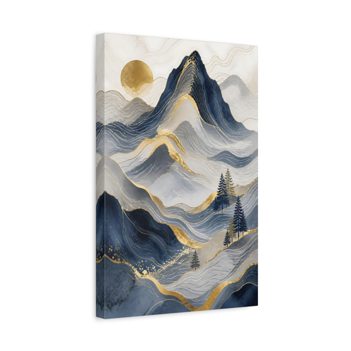 Side Mockup 4. Nature Mountains Blue Gold Mountains shown as stretched canvas wall art