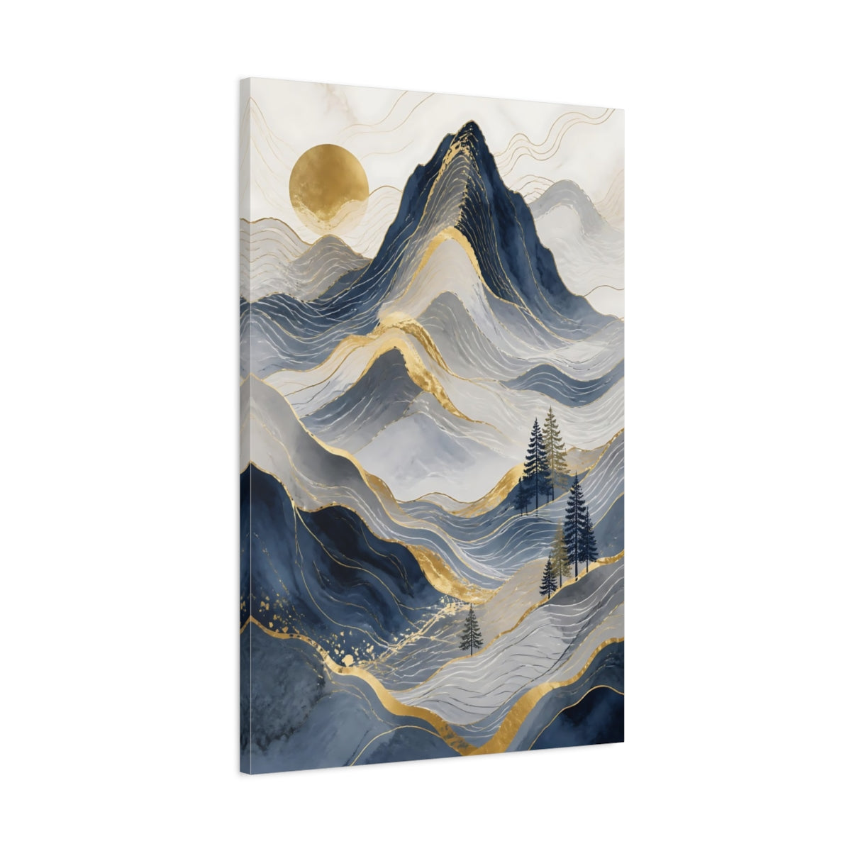 Main Mockup. Nature Mountains Blue Gold Mountains shown as stretched canvas wall art