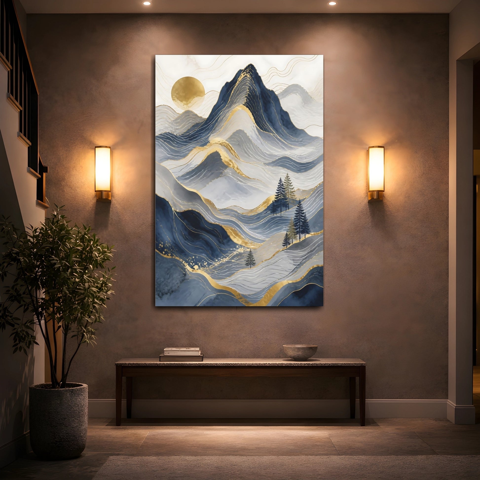Mockup 2. Nature Mountains Blue Gold Mountains shown as stretched canvas wall art