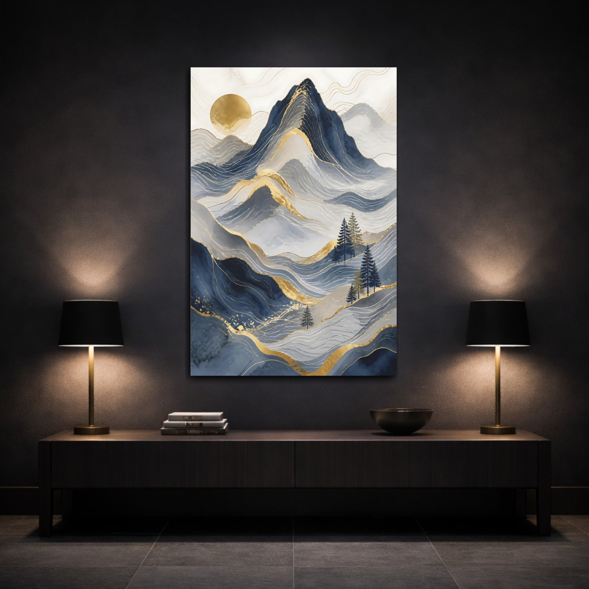 Mockup 3. Nature Mountains Blue Gold Mountains shown as stretched canvas wall art