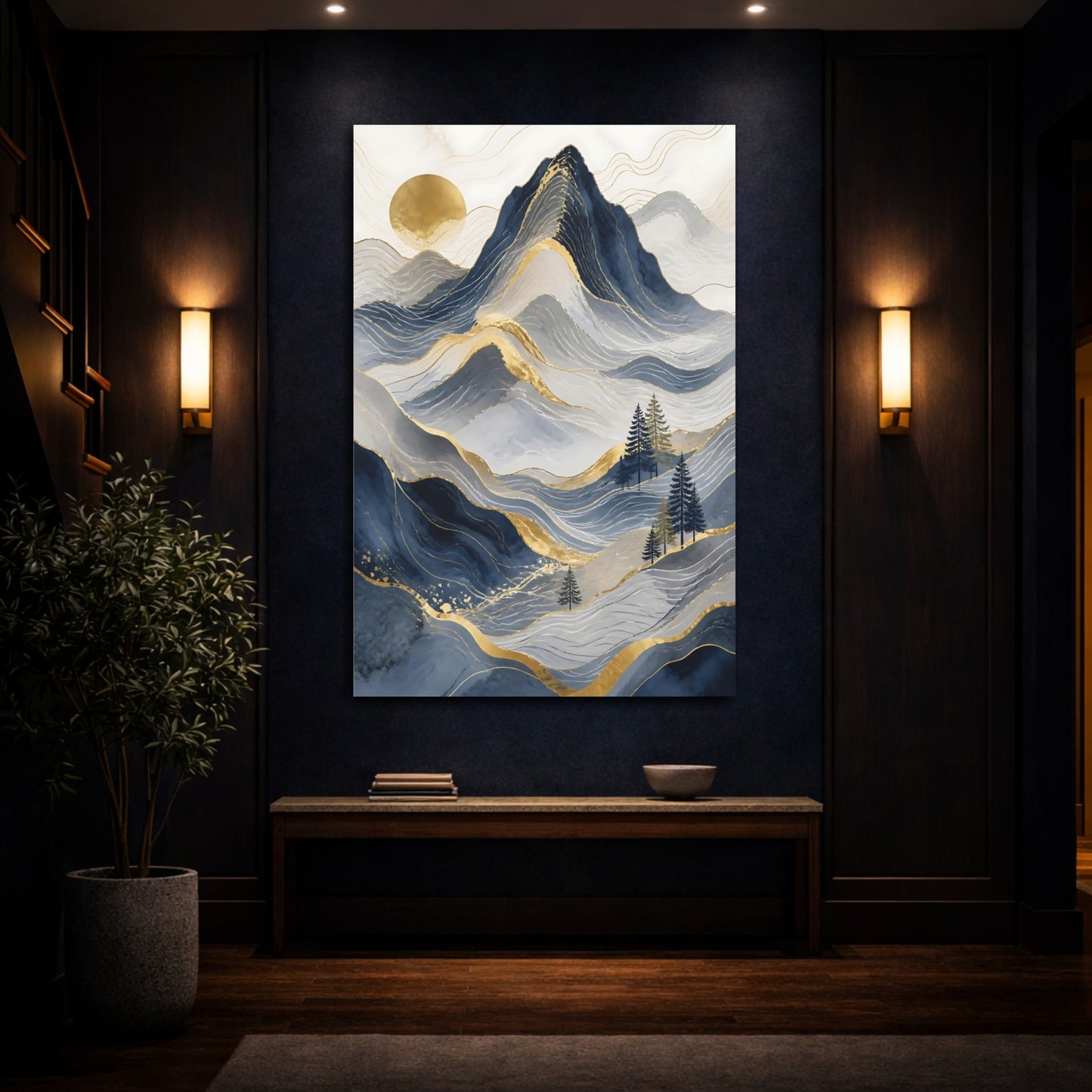 Mockup 4. Nature Mountains Blue Gold Mountains shown as stretched canvas wall art
