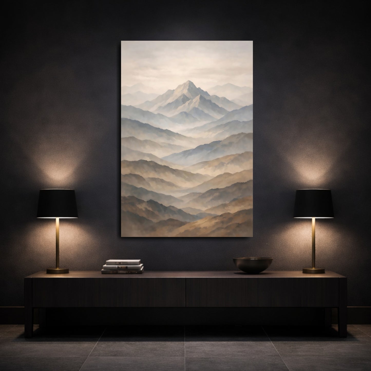 Mockup 2. Nature Mountains Brown And Blue Mountains shown as stretched canvas wall art