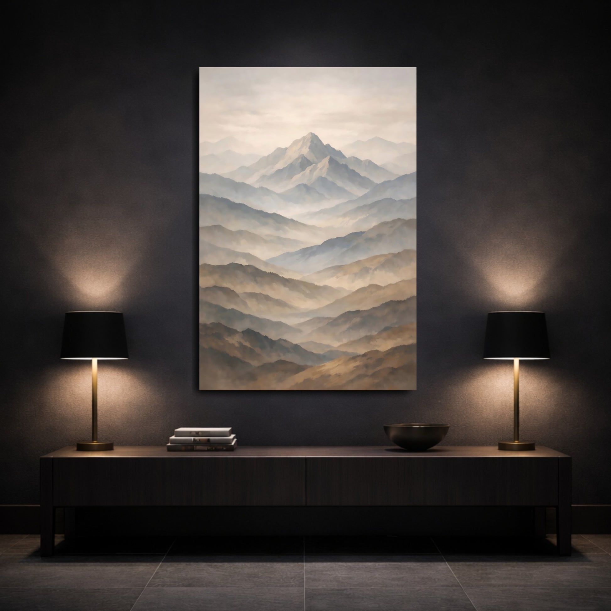 Mockup 2. Nature Mountains Brown And Blue Mountains shown as stretched canvas wall art