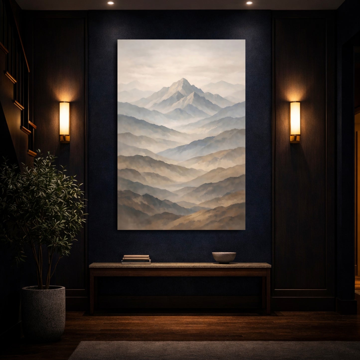 Mockup 3. Nature Mountains Brown And Blue Mountains shown as stretched canvas wall art