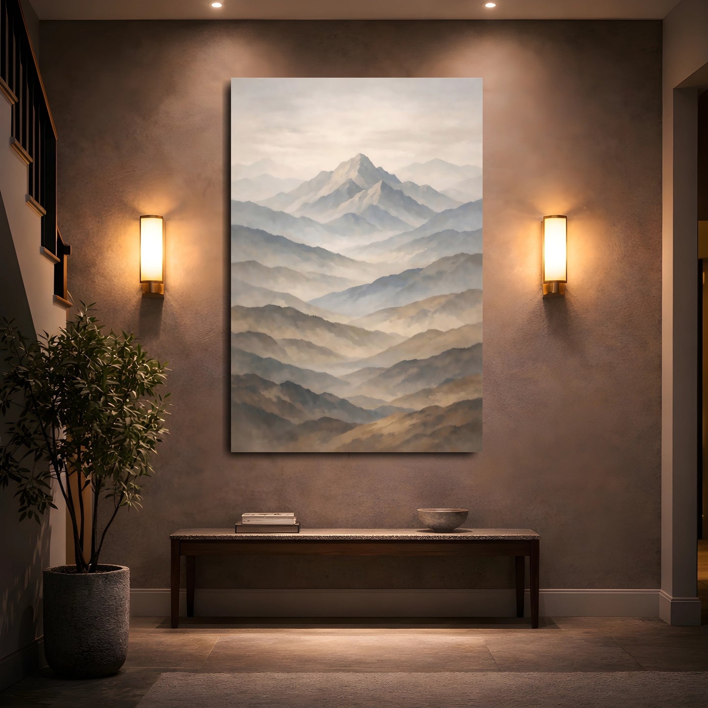 Mockup 4. Nature Mountains Brown And Blue Mountains shown as stretched canvas wall art