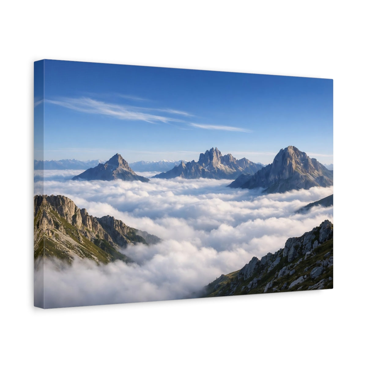 Side Mockup 4. Nature Mountains Cloudy Mountains shown as stretched canvas wall art