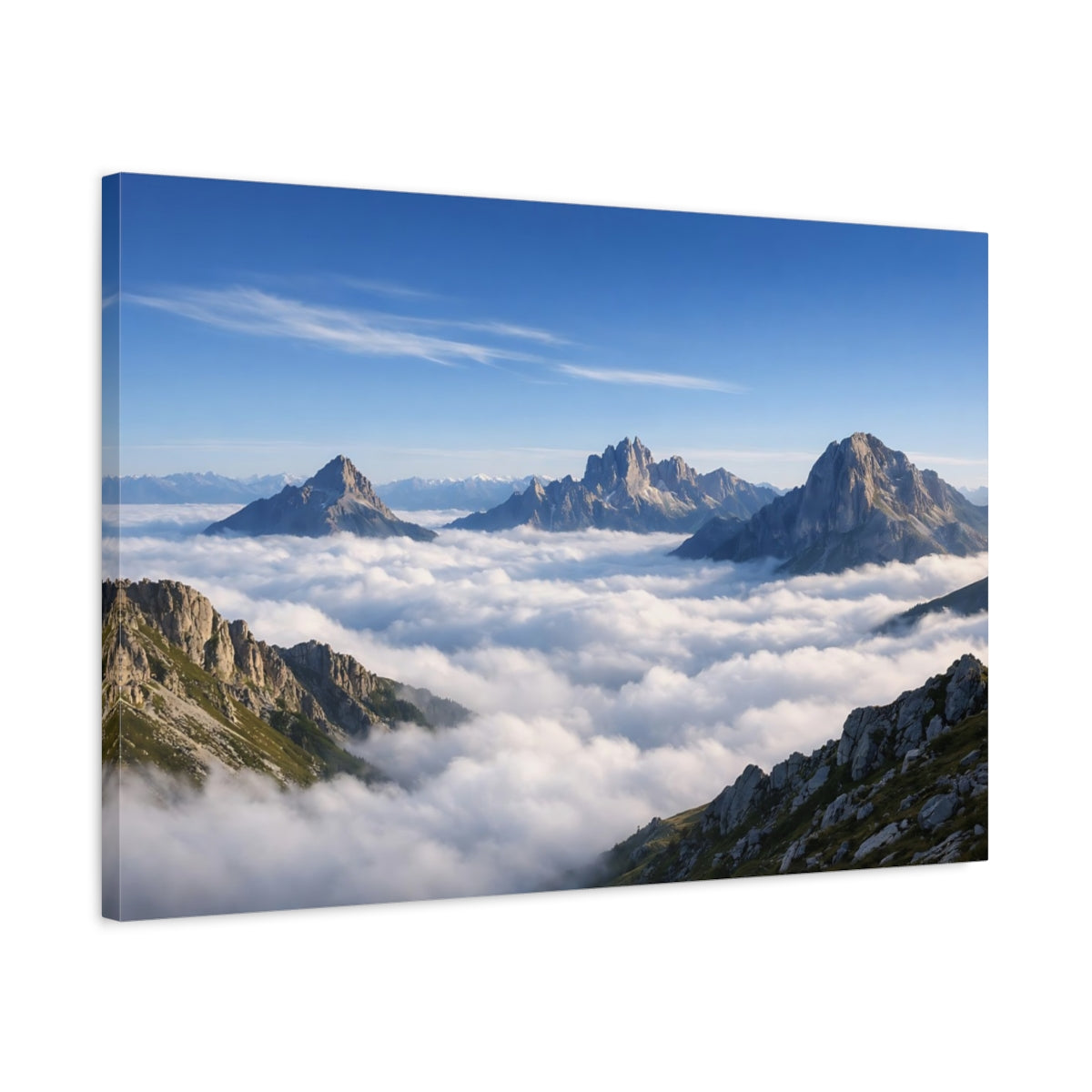 Side Mockup 2. Nature Mountains Cloudy Mountains shown as stretched canvas wall art