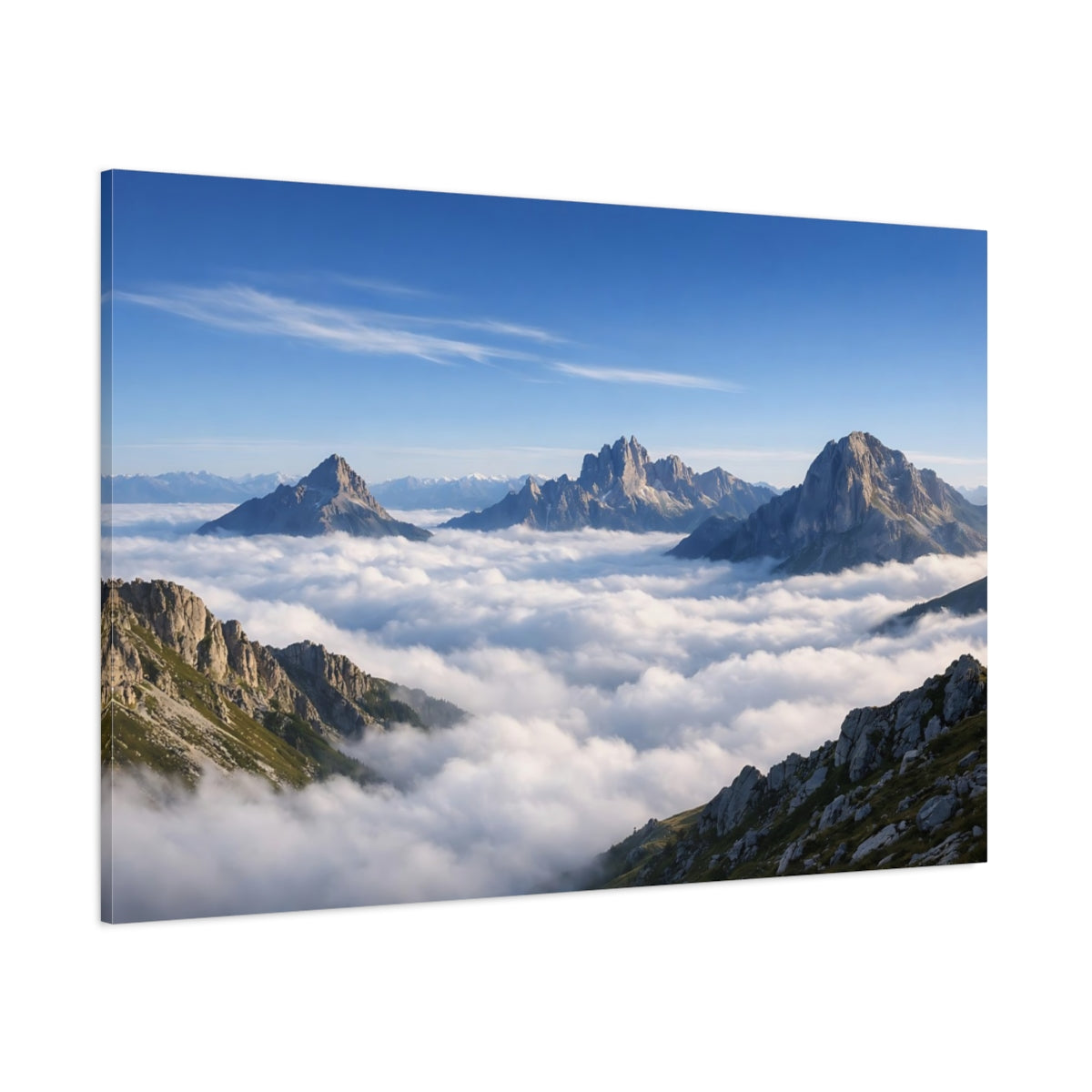 Side Mockup 1. Nature Mountains Cloudy Mountains shown as stretched canvas wall art