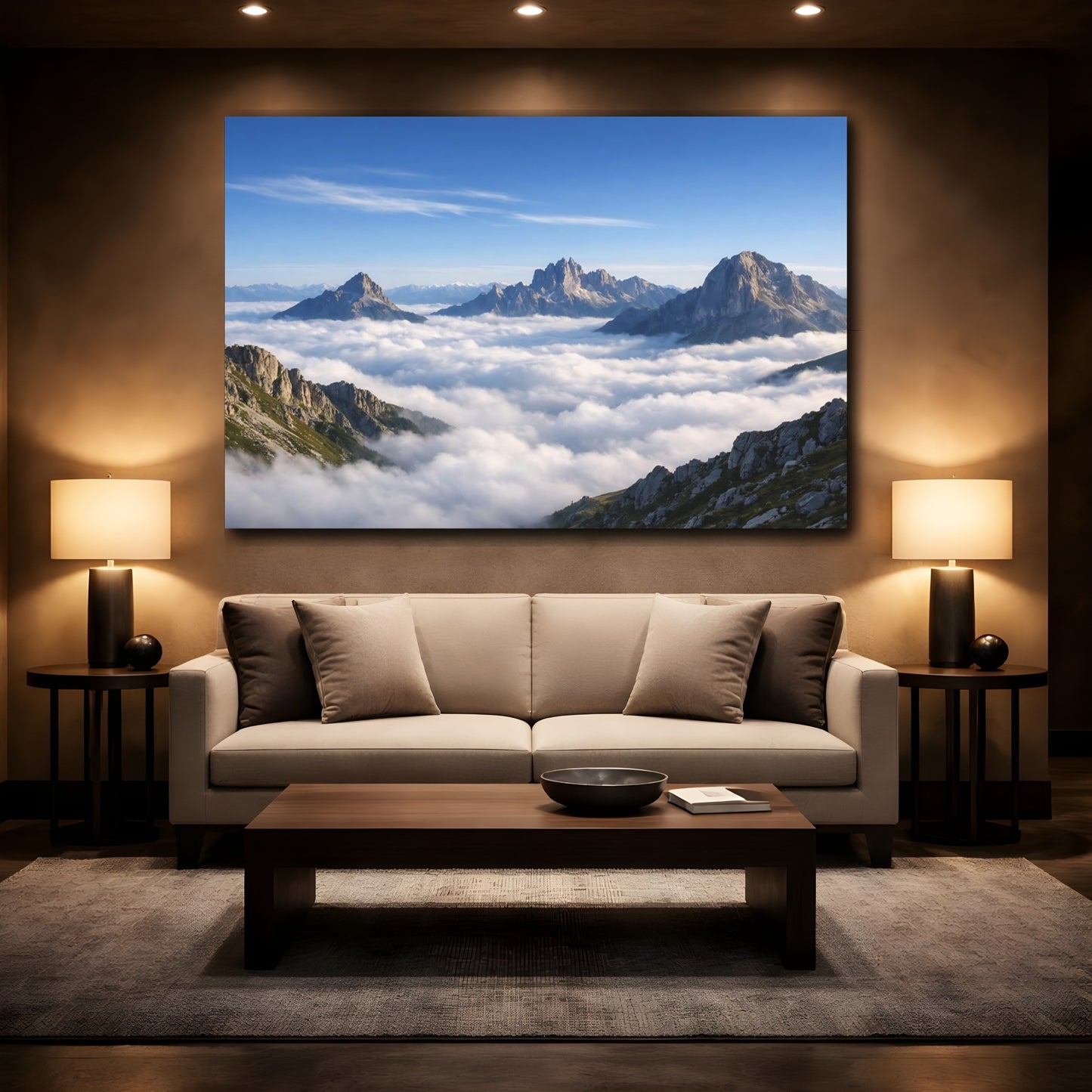 Mockup 2. Nature Mountains Cloudy Mountains shown as stretched canvas wall art