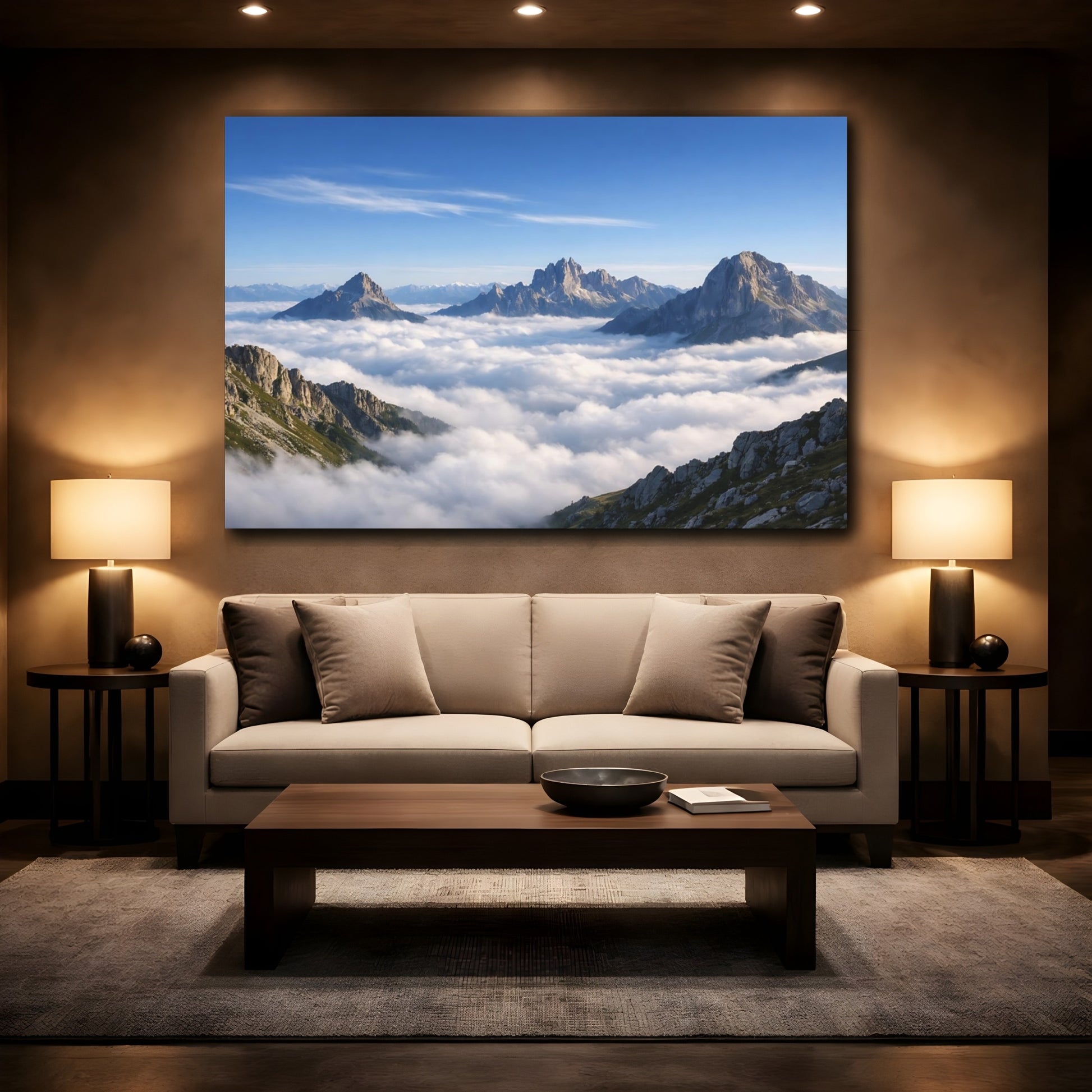Mockup 2. Nature Mountains Cloudy Mountains shown as stretched canvas wall art