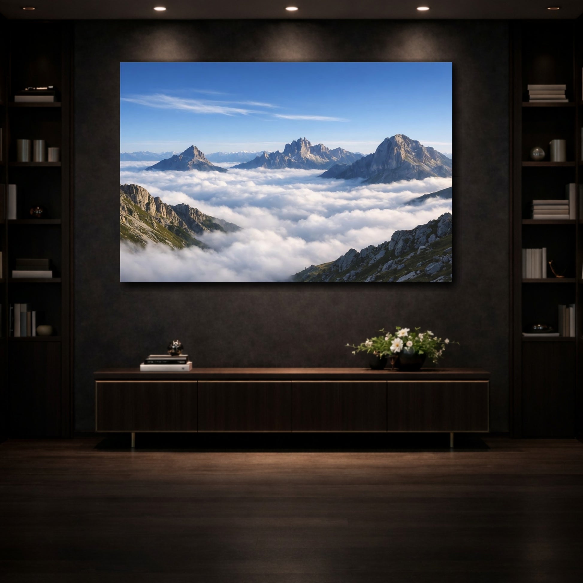 Mockup 3. Nature Mountains Cloudy Mountains shown as stretched canvas wall art