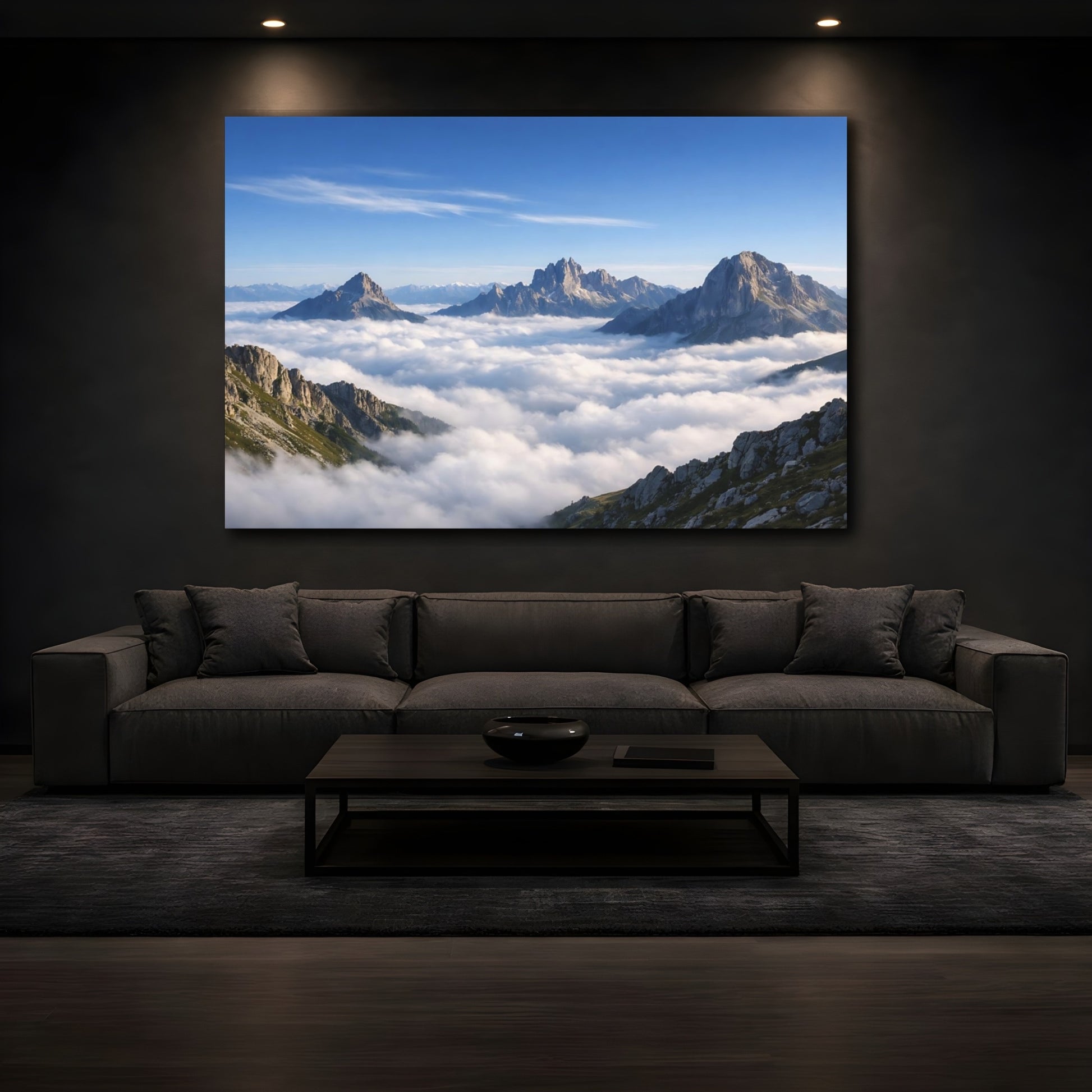 Mockup 4. Nature Mountains Cloudy Mountains shown as stretched canvas wall art