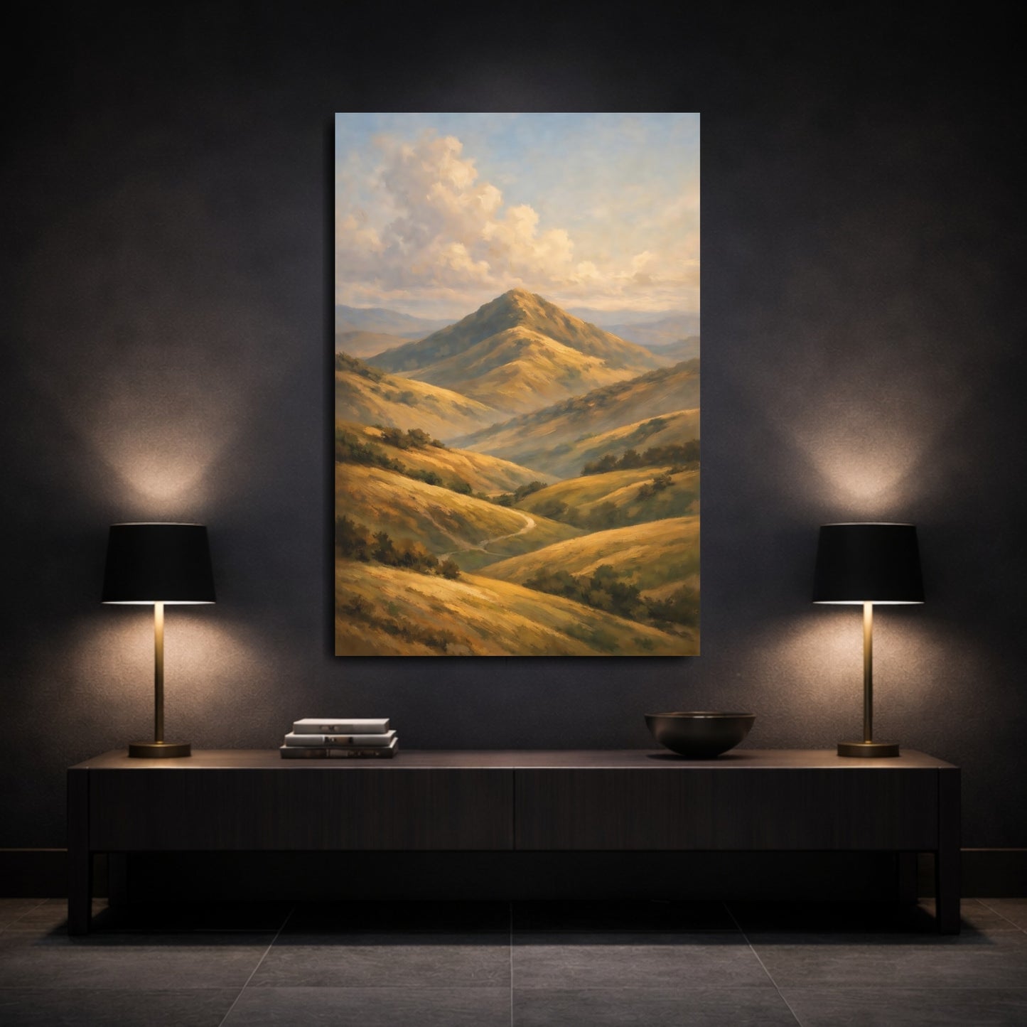 Mockup 2. Nature Mountains Golden Brown Landscape shown as stretched canvas wall art