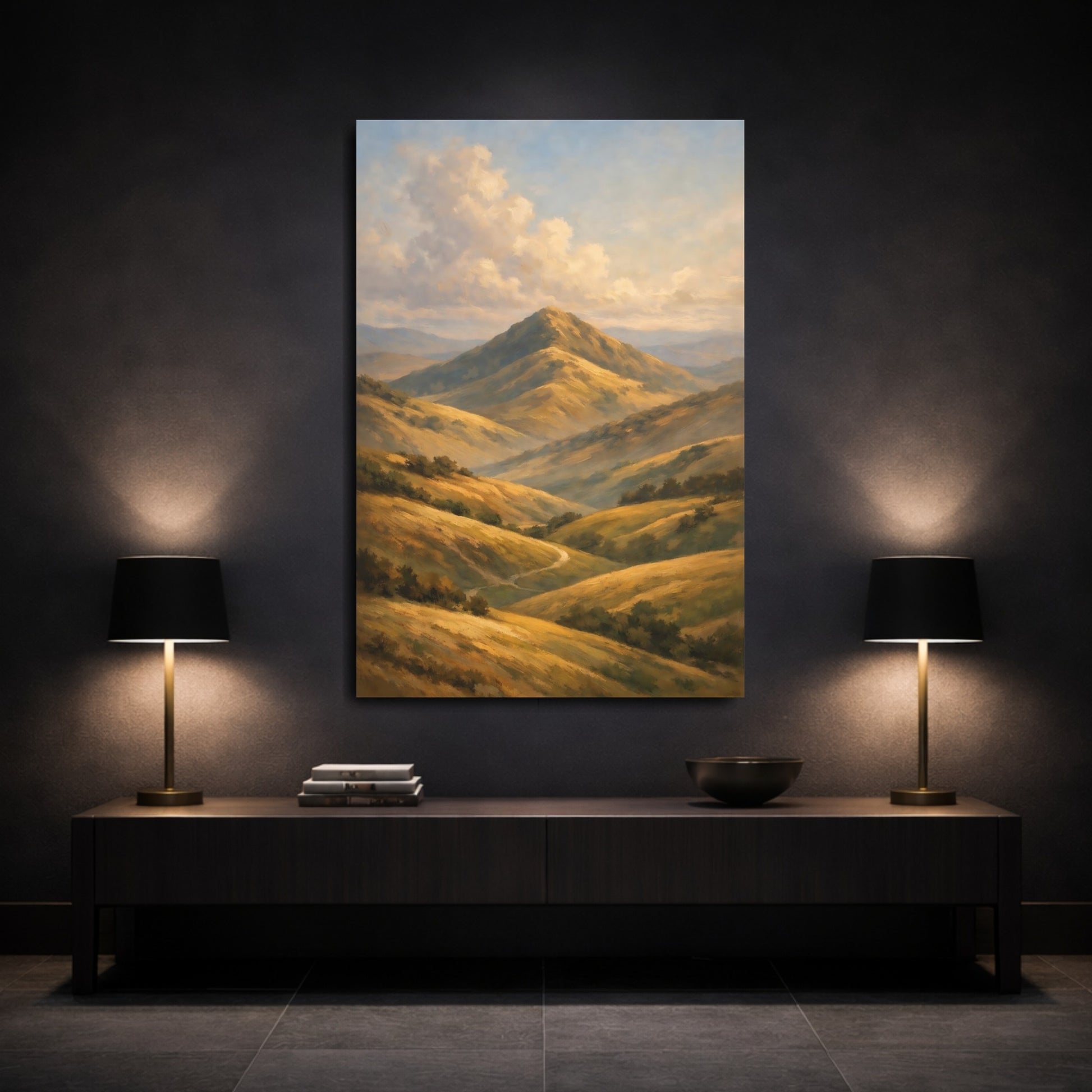 Mockup 2. Nature Mountains Golden Brown Landscape shown as stretched canvas wall art
