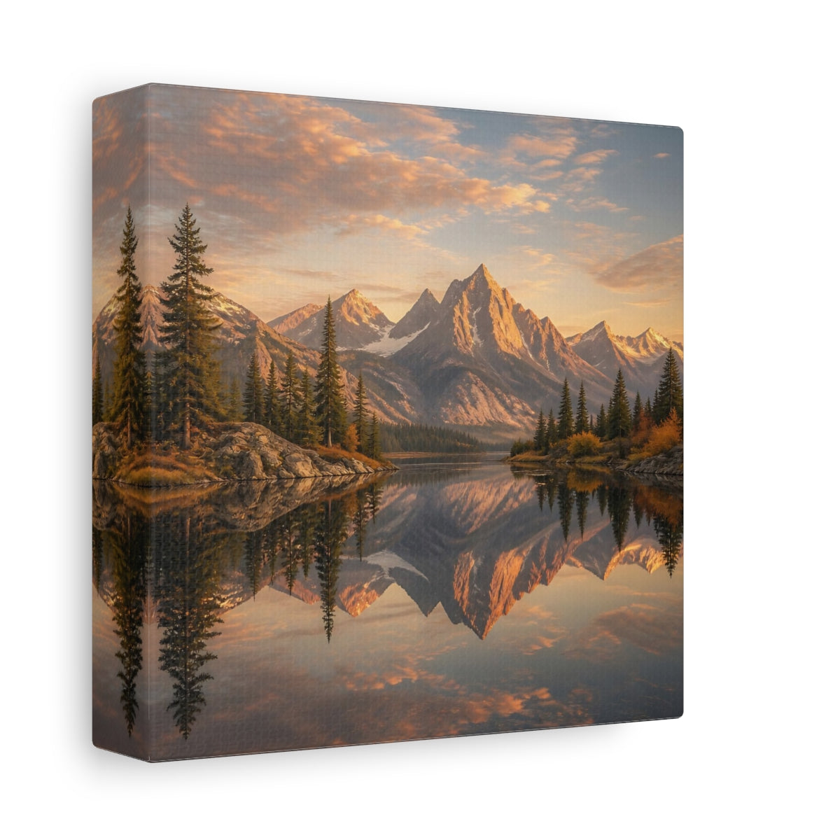 Side Mockup 2. Nature Mountains Golden Mountain Lake shown as stretched canvas wall art