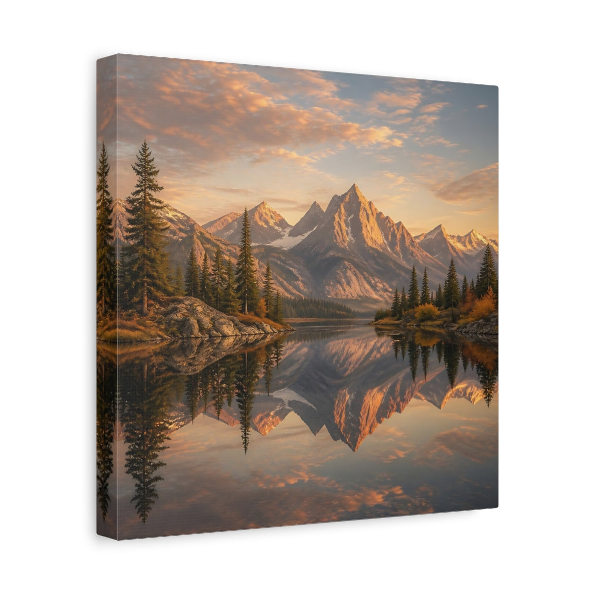 Side Mockup 8. Nature Mountains Golden Mountain Lake shown as stretched canvas wall art