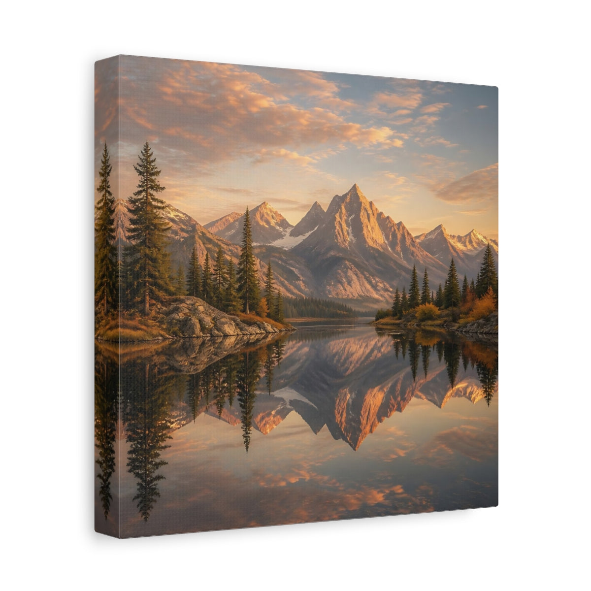 Side Mockup 9. Nature Mountains Golden Mountain Lake shown as stretched canvas wall art
