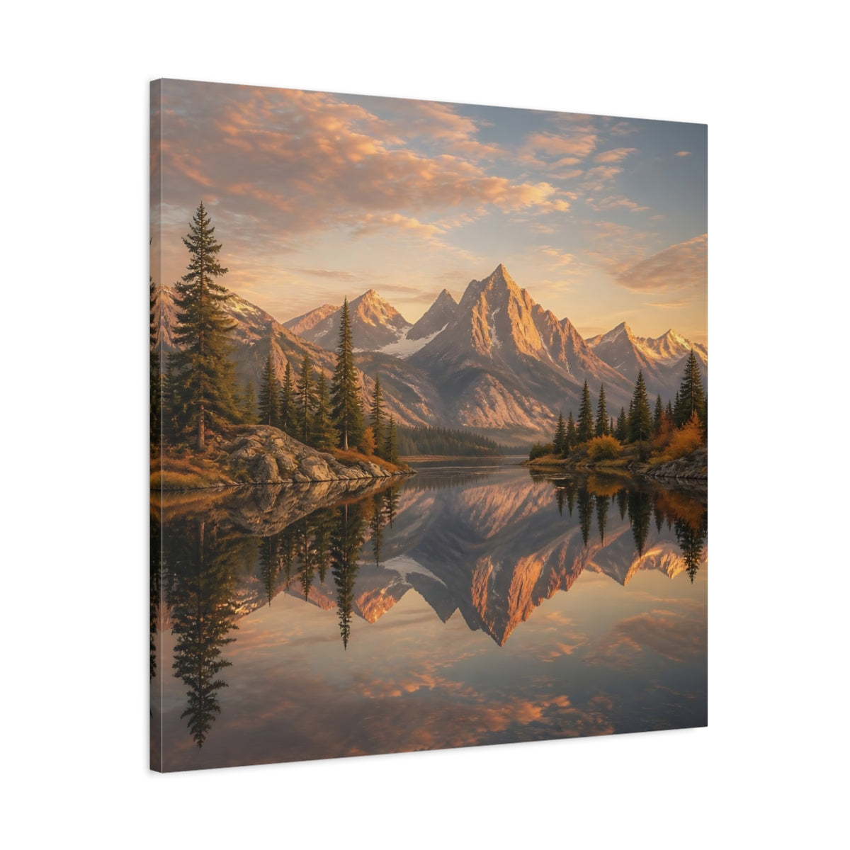 Side Mockup 3. Nature Mountains Golden Mountain Lake shown as stretched canvas wall art