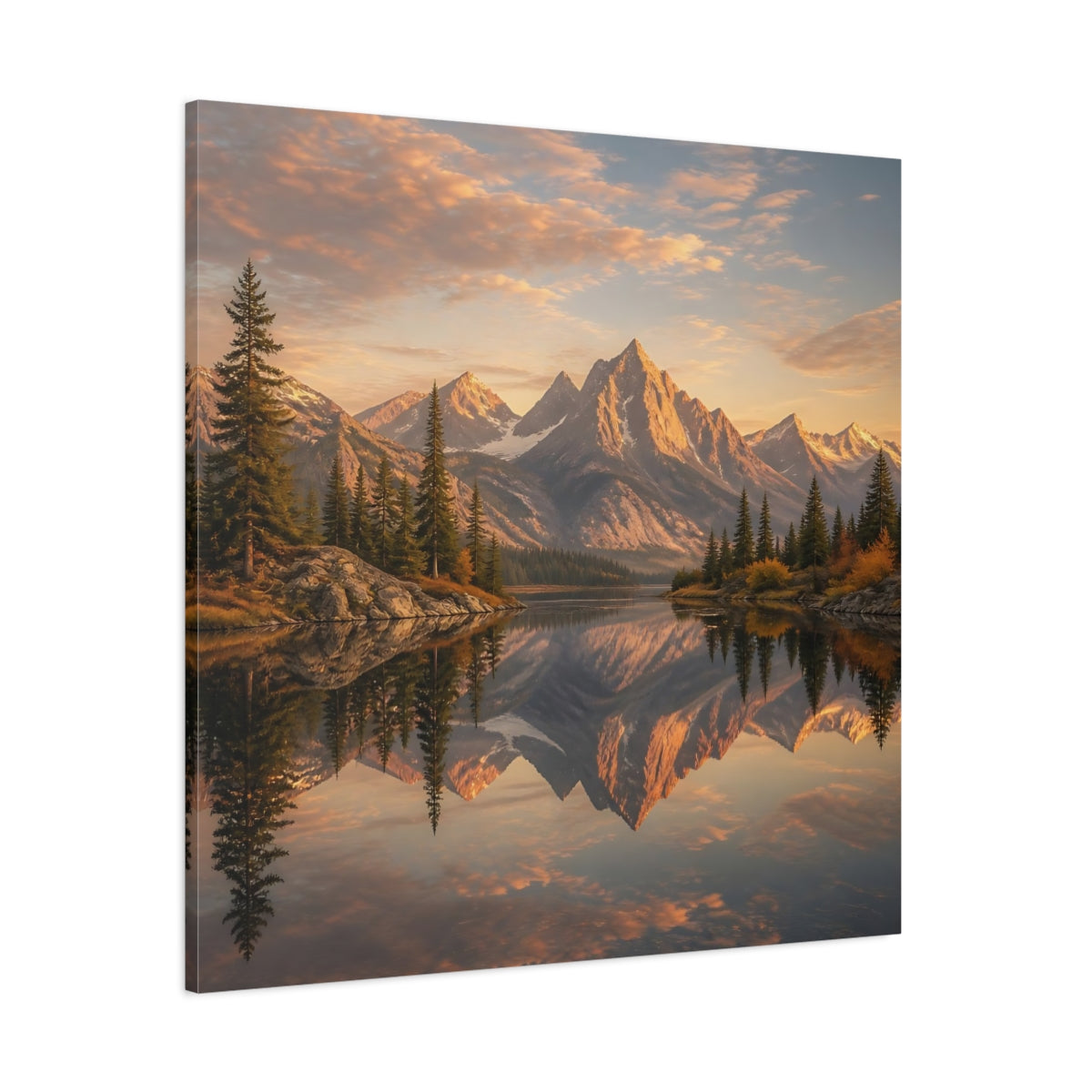 Side Mockup 1. Nature Mountains Golden Mountain Lake shown as stretched canvas wall art
