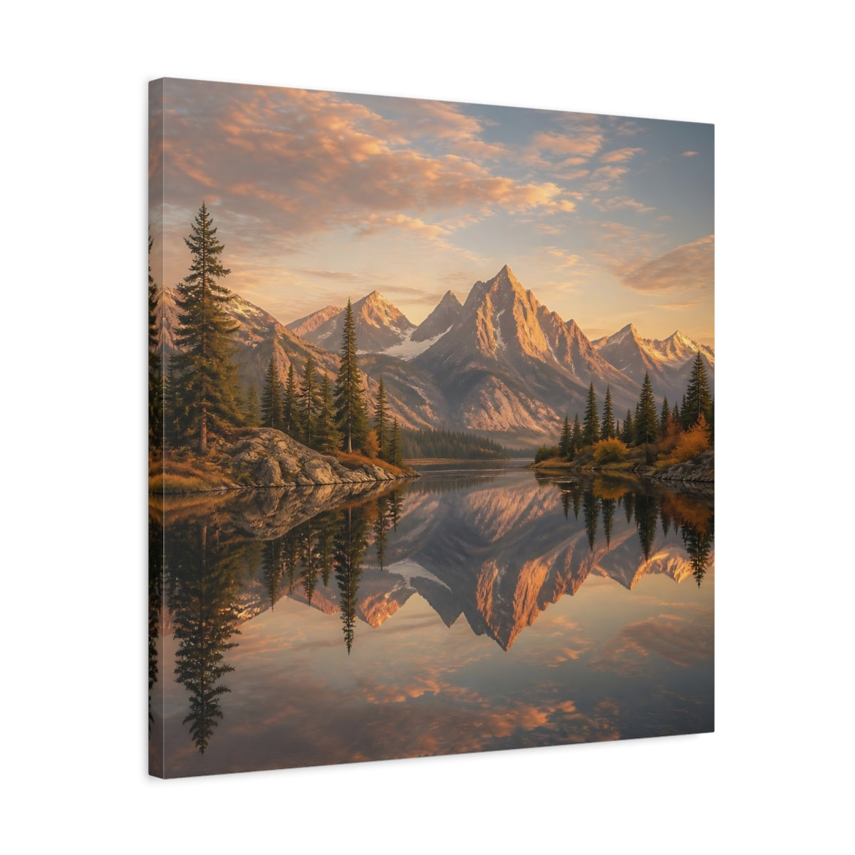 Side Mockup 4. Nature Mountains Golden Mountain Lake shown as stretched canvas wall art
